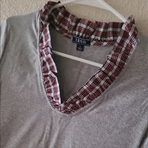 Izod Long Sleeve Gray Top with Red Plaid Ruffled Collar